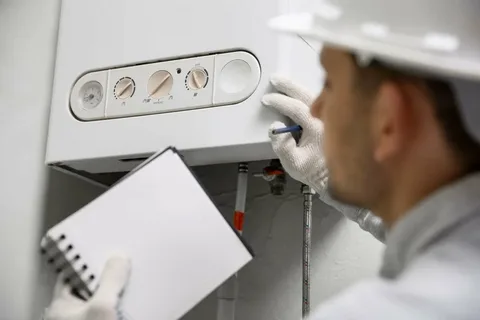 Tecnico a reparar avaria no sistema de esquentador